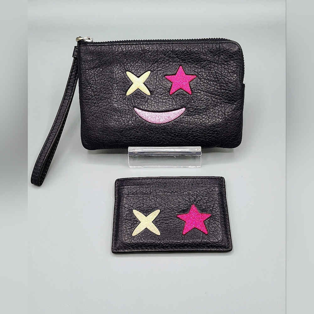 Coach Glitter Star Emoji Smiley Leather Wallet & Wristlet set -Black/pink